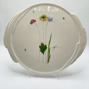 NWS Barbara Baatz Signed Vintage Hand Painted Flowers Cake Plate Cream Ceramic